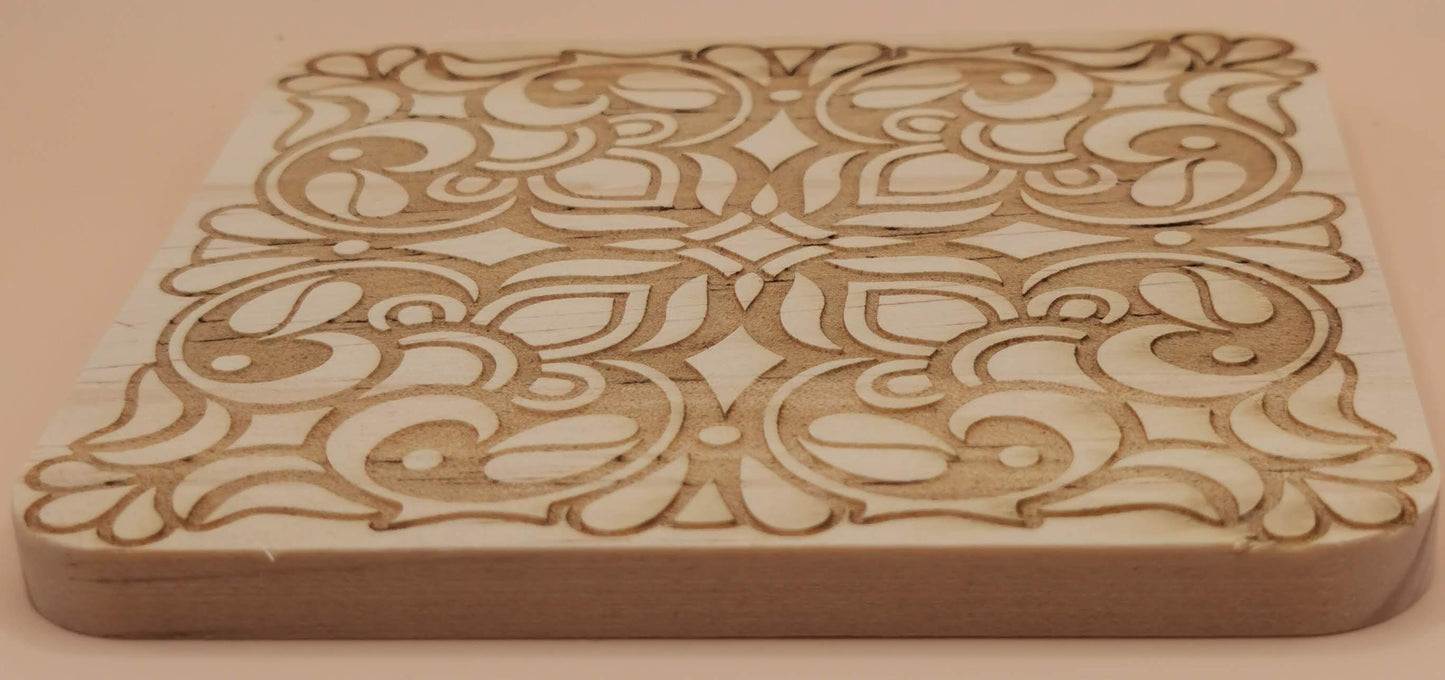 Set of four Light wooden coaster Square Floral - Laser Studio