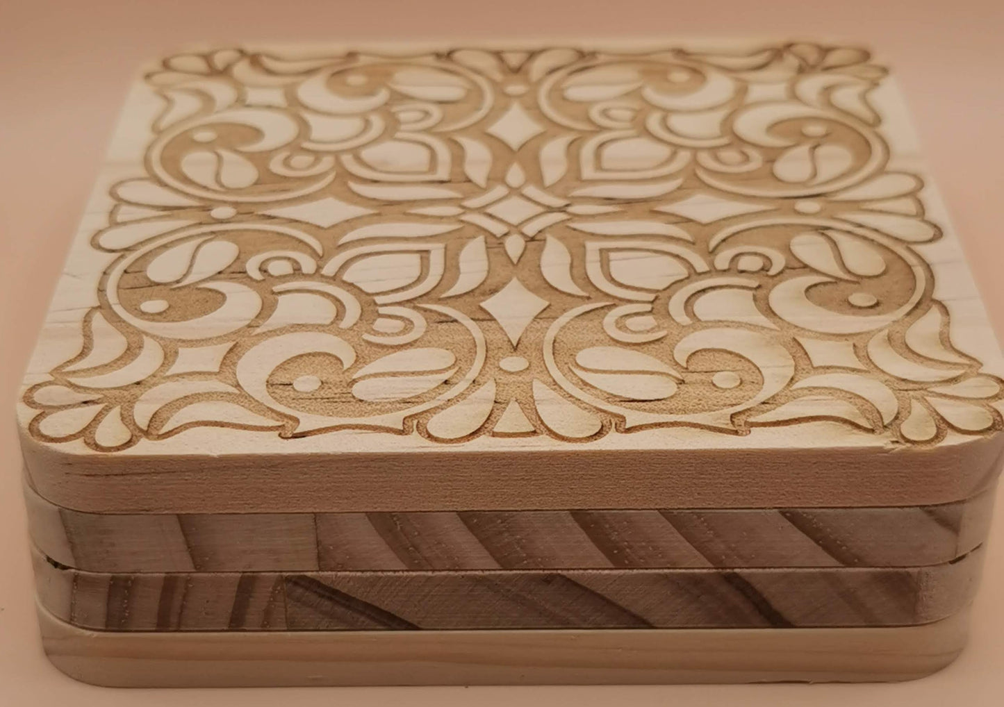 Set of four Light wooden coaster Square Floral - Laser Studio