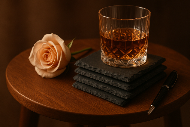 4 Slate coasters one above another , on a small table , surrounded of one flower , one glass of whisky on slate coaster and a Business pen   