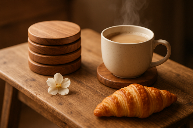 4 Wooden coasters one above another , surrounded with a cup of creamy coffee on wooden coaster , crispy croissant , and a  flower  , all on small table