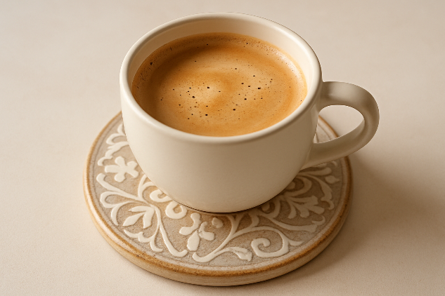 Ceramic coaster under a cop of creamy coffee